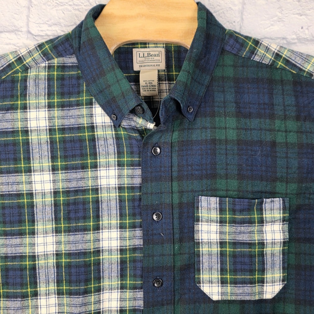 LL Bean Men Green Scotch Long Sleeve Patchwork Button Flannel‎ Shirt Size XL